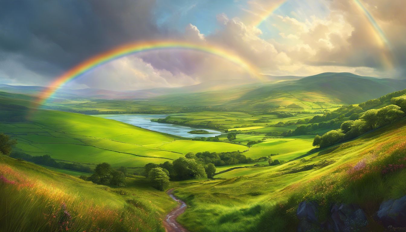 A painting of a rainbow over a valley.