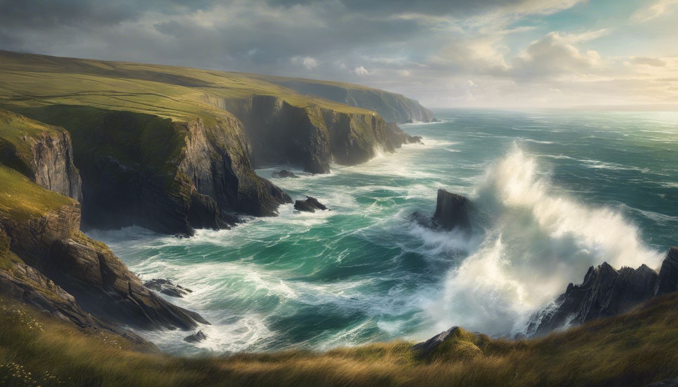 A painting of a cliff with waves crashing over it.