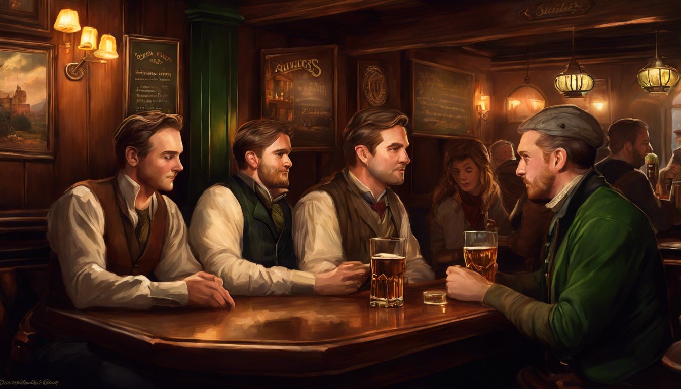 A painting of a group of men sitting at a bar.