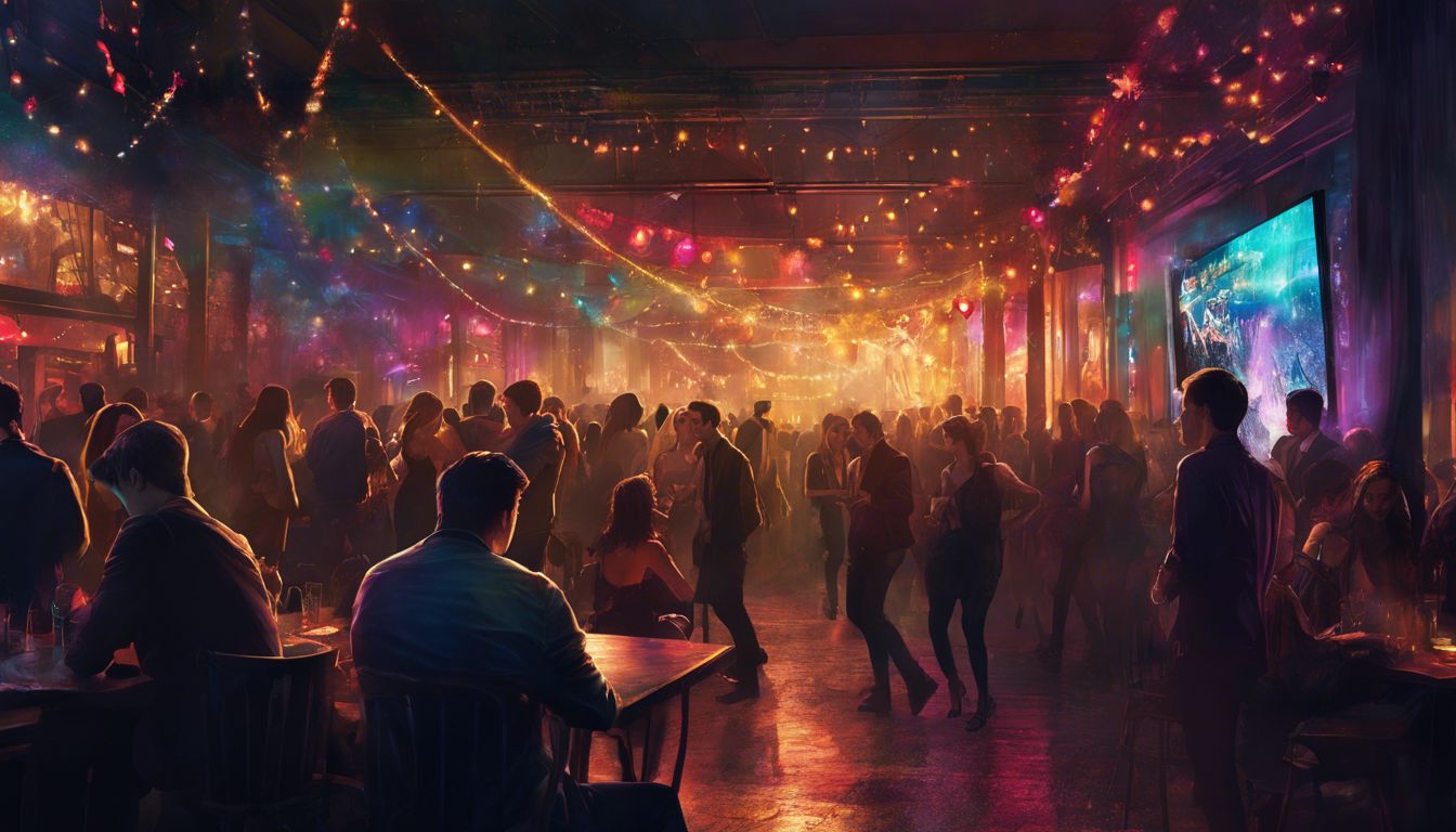 A painting of a crowd in a bar.