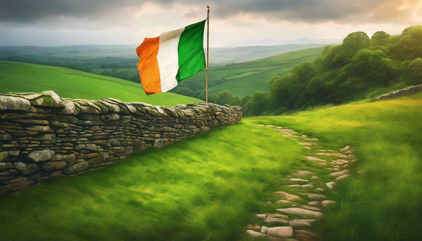 An irish flag flies over a stone wall in ireland.