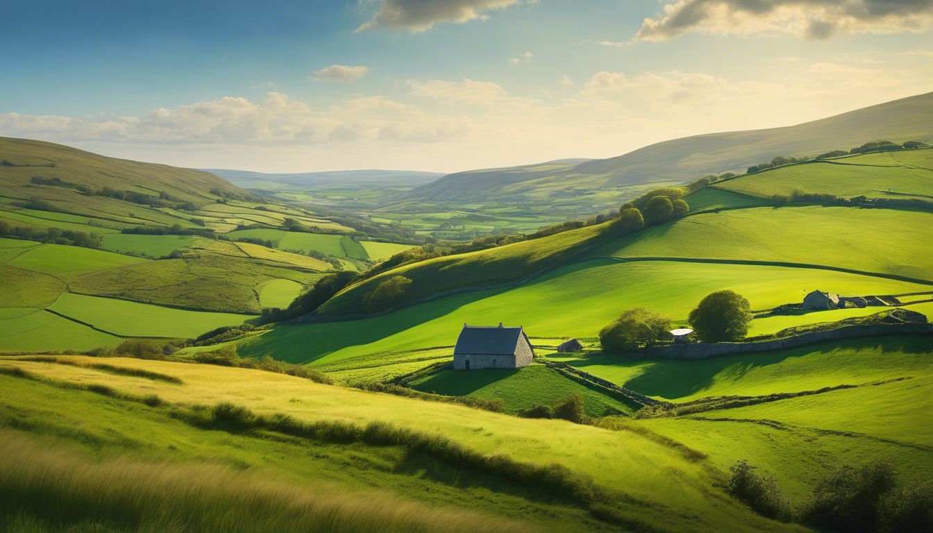 A green field with a house on it.