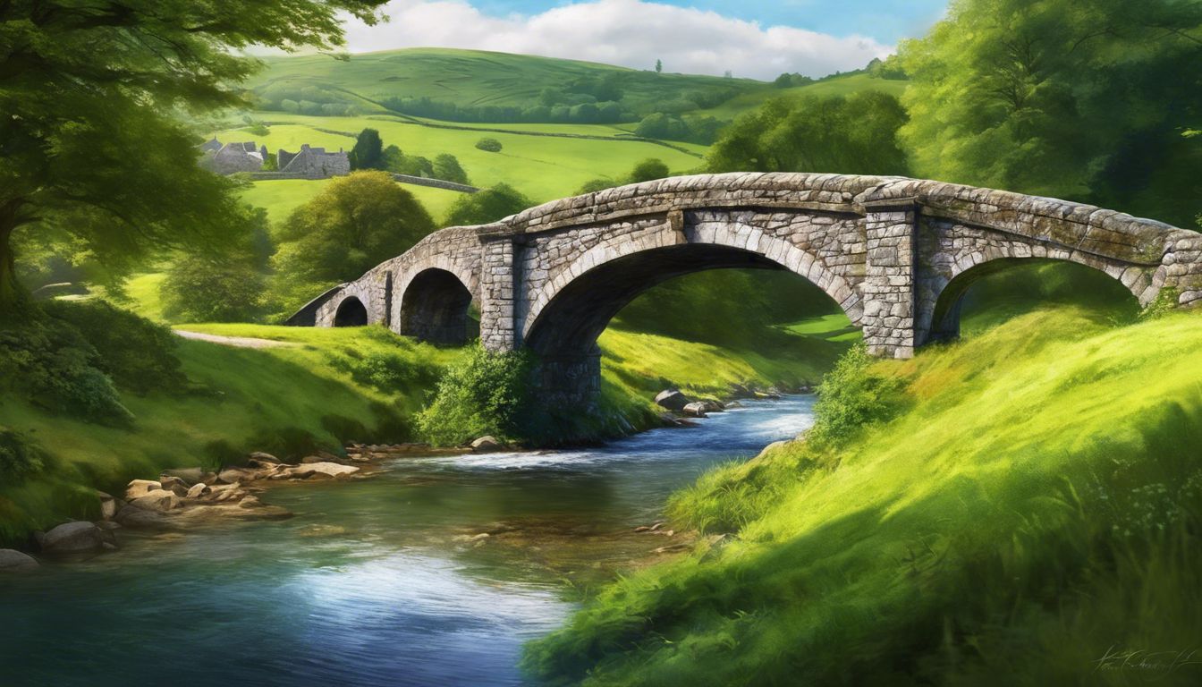 A painting of a stone bridge over a river.