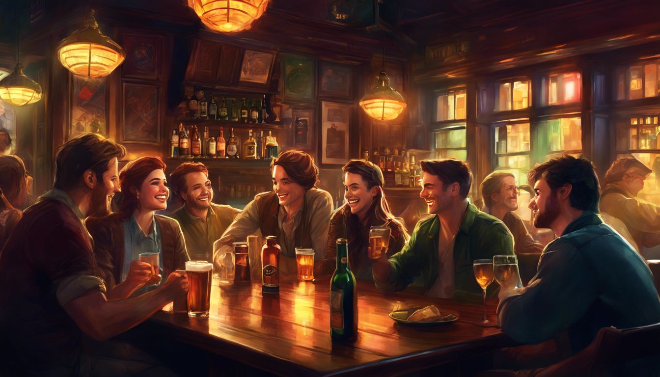 A group of people sitting around a table in a pub.