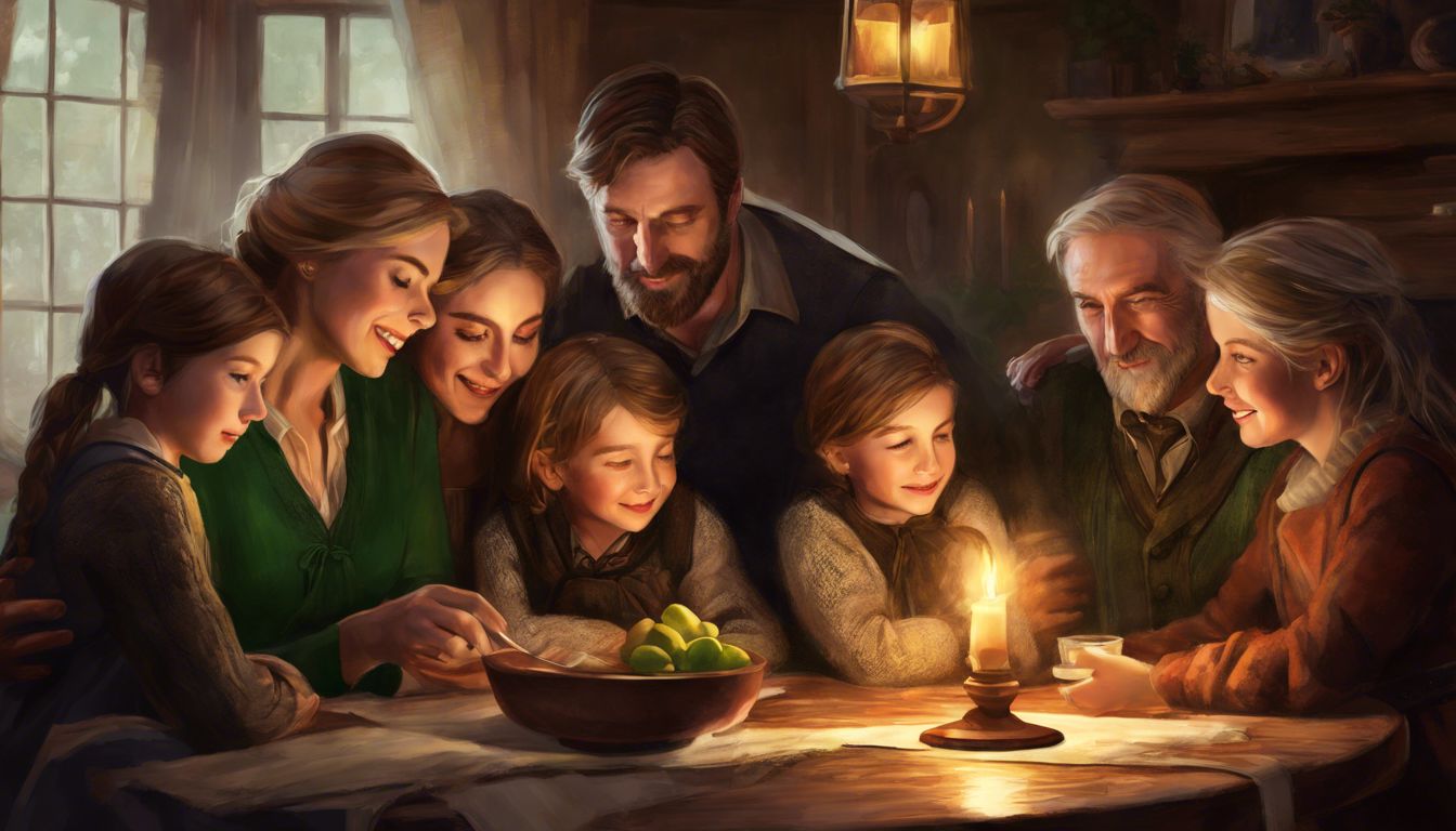A painting of a family sitting around a table.