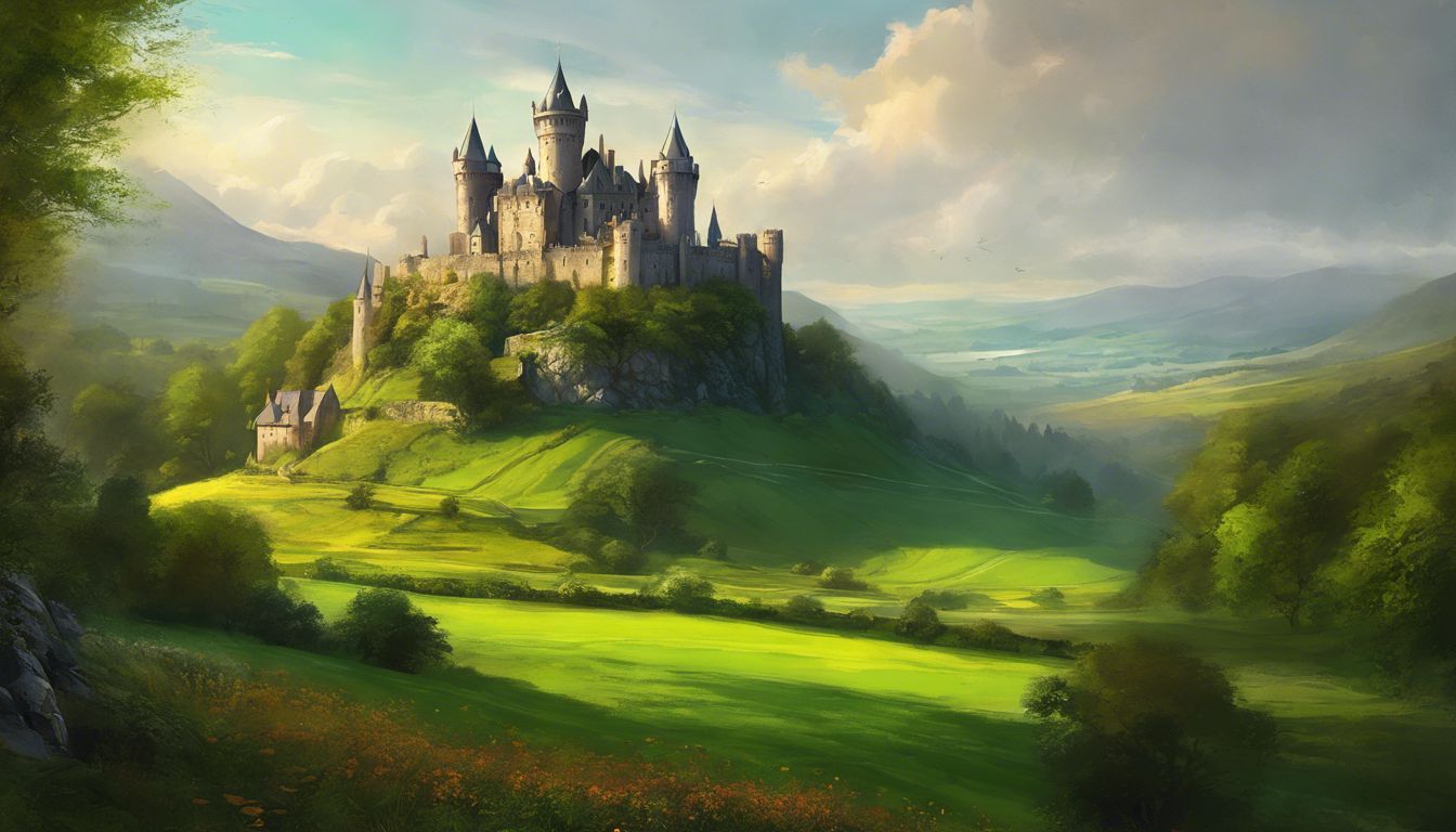 A painting of a castle on top of a green hill.