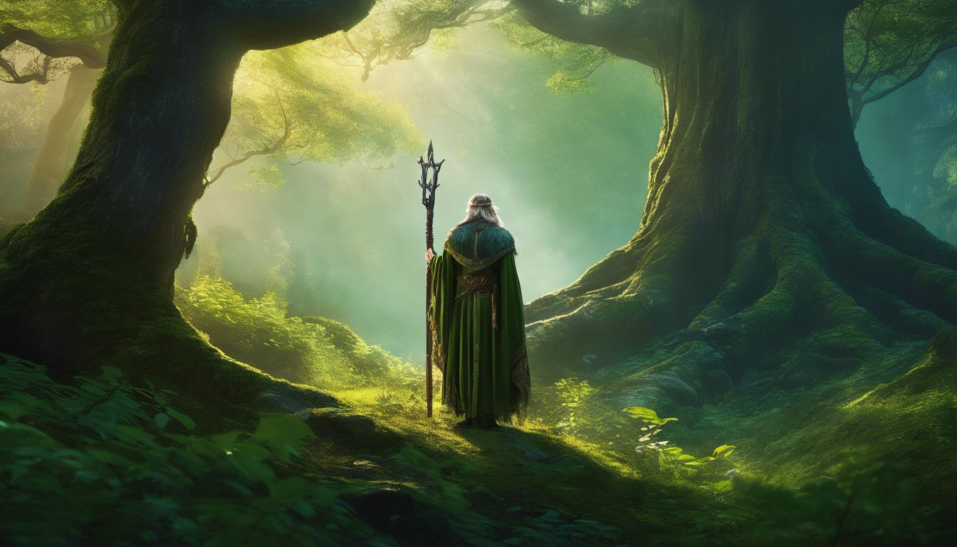 A man in a green cloak standing in a forest.