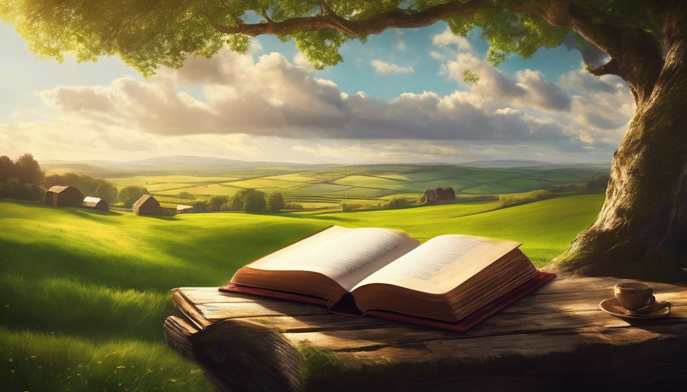 An open book sitting on a log in a green field.