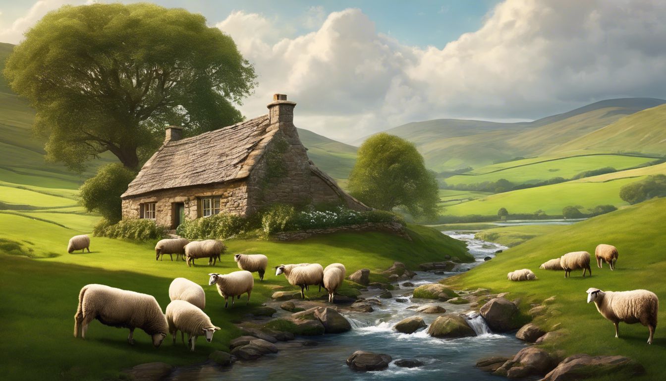 Sheep grazing by a stream near a cottage.