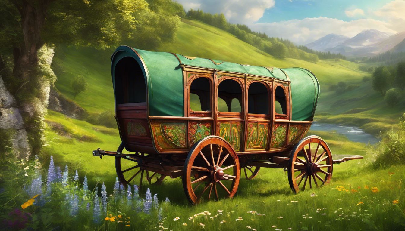 A green covered wagon in the middle of a grassy field.
