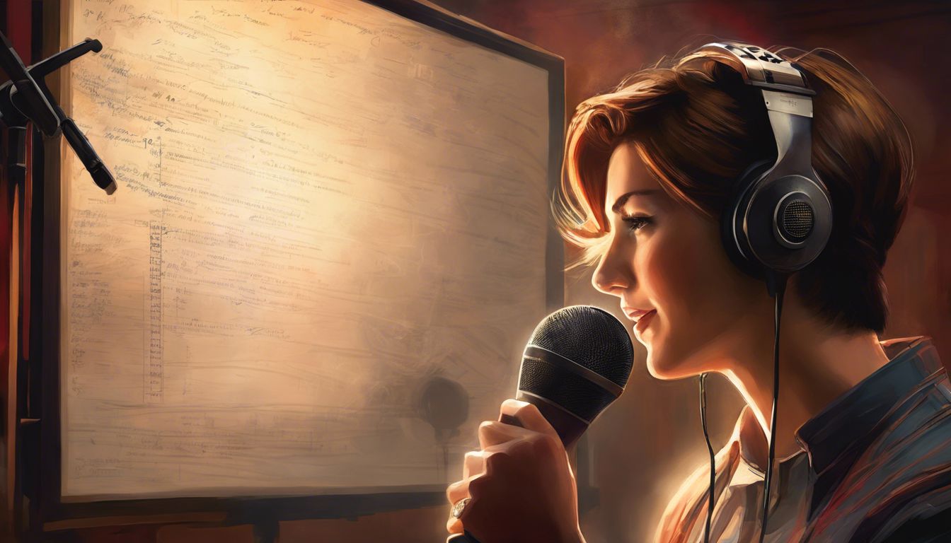 A woman in headphones is holding a microphone in front of a poster.