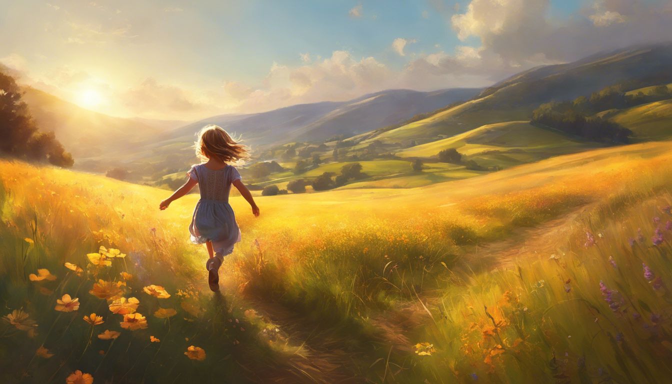 A painting of a girl walking through a field of flowers.