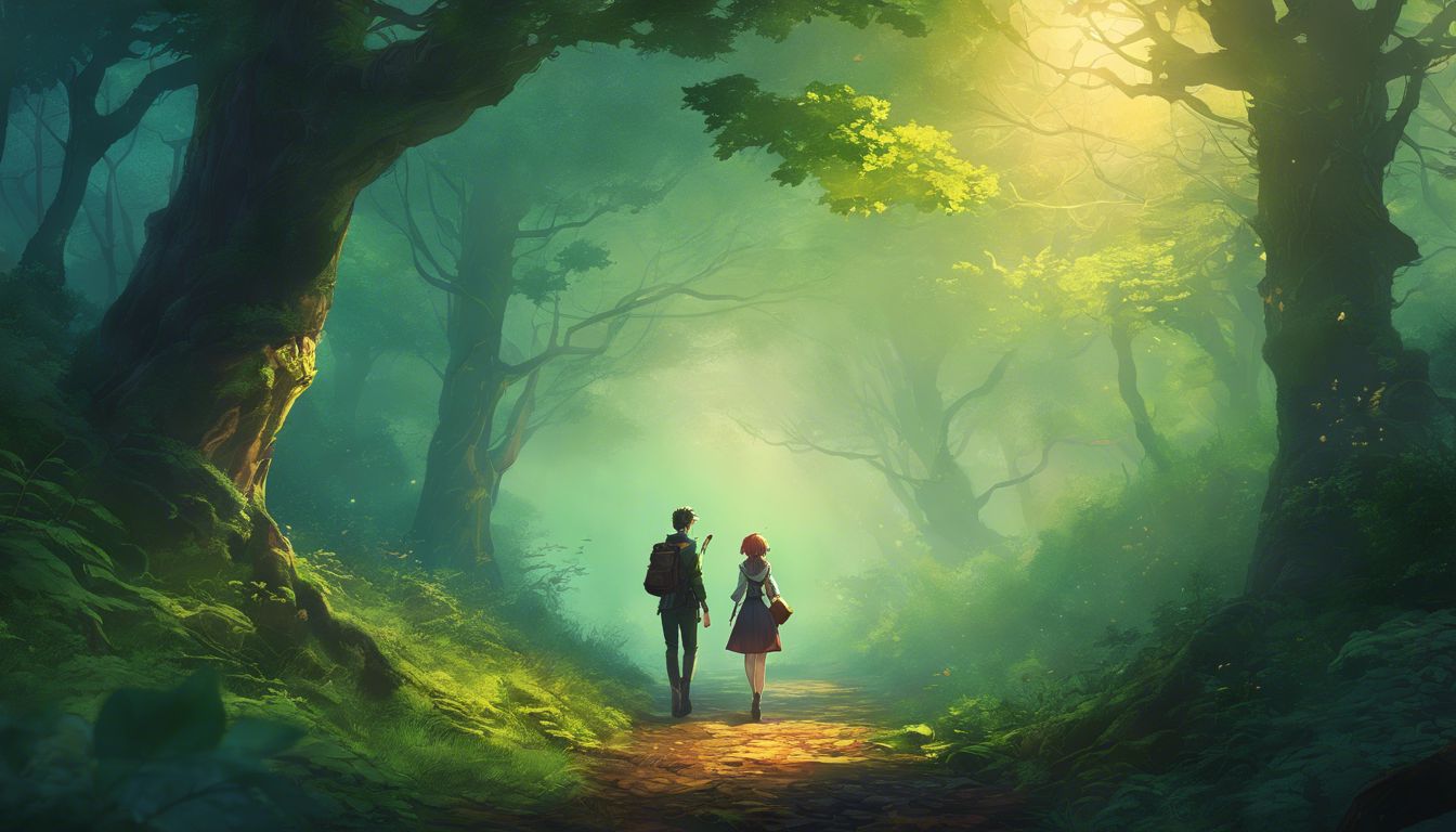 Two people walking down a path in a forest.