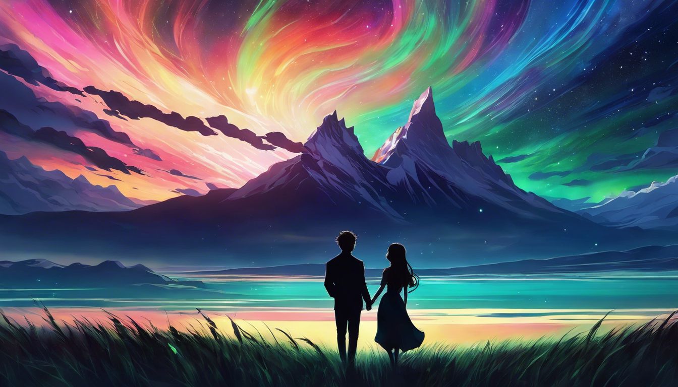 Two people standing in front of a mountain with a colorful aurora.