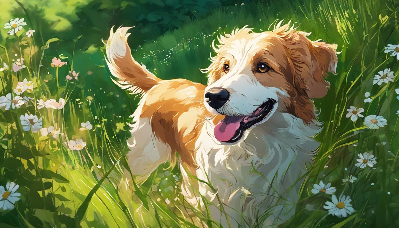 A painting of a dog in a field of daisies.