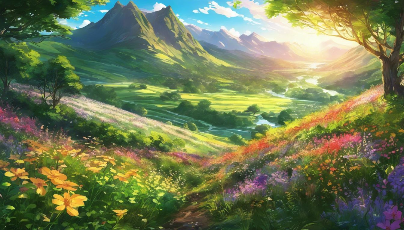 A painting of a valley with flowers and mountains.