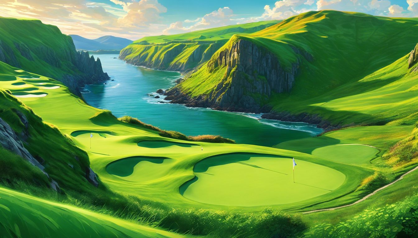 A painting of a golf course in the mountains.