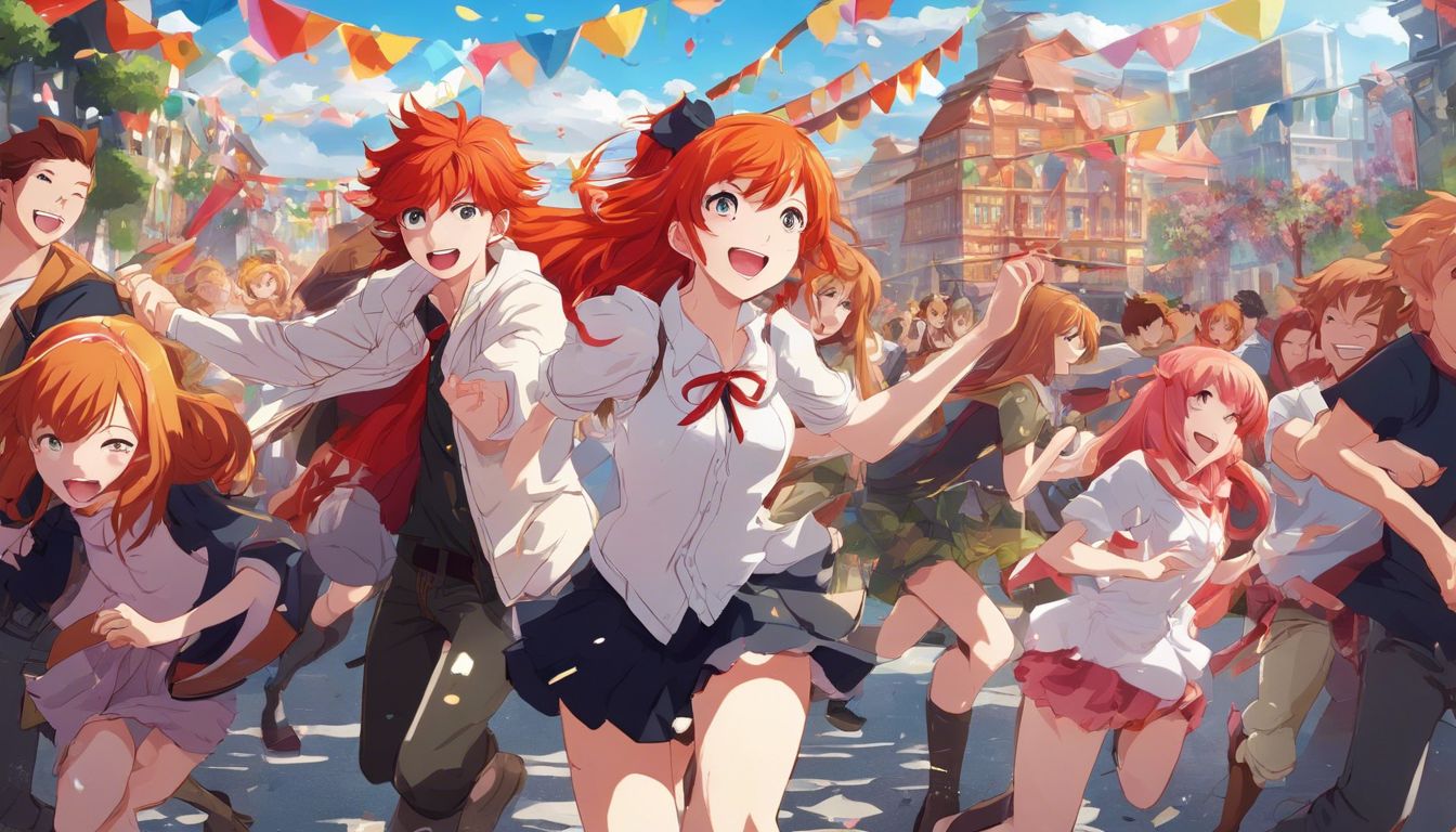 A group of anime girls running through a city.