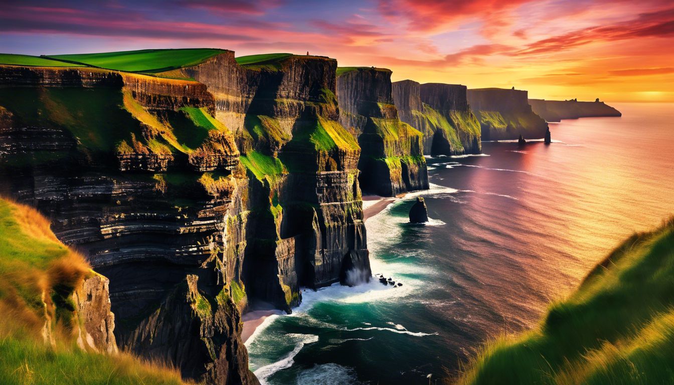 The cliffs of moher in ireland at sunset.