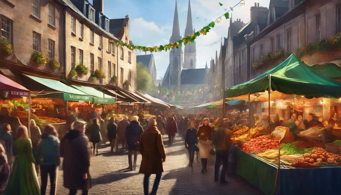 A painting of a market in a city.
