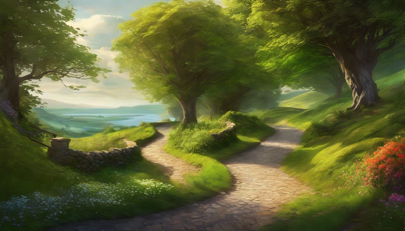 A painting of a path leading to a lake.