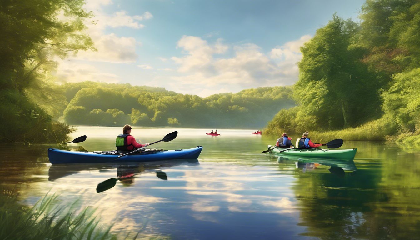 Two people are kayaking on a lake in a forest.