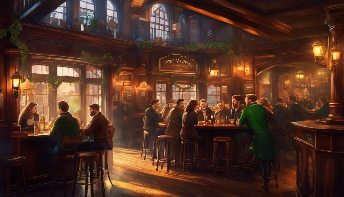 A painting of a pub with people sitting at the bar.