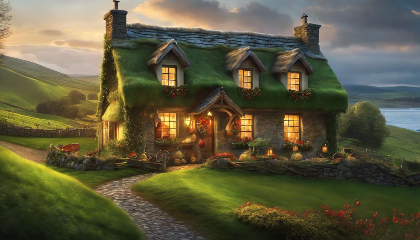An image of a cottage with grass on the roof.