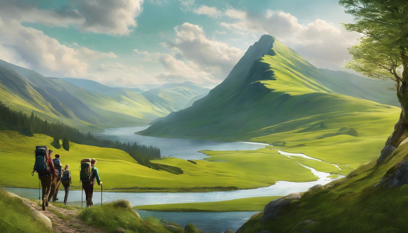 A painting of two people hiking in the mountains.