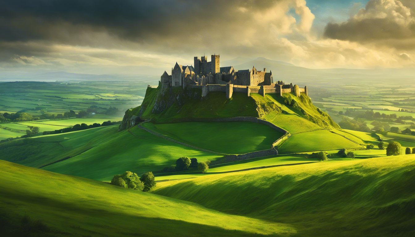 A castle sits on top of a green hill.