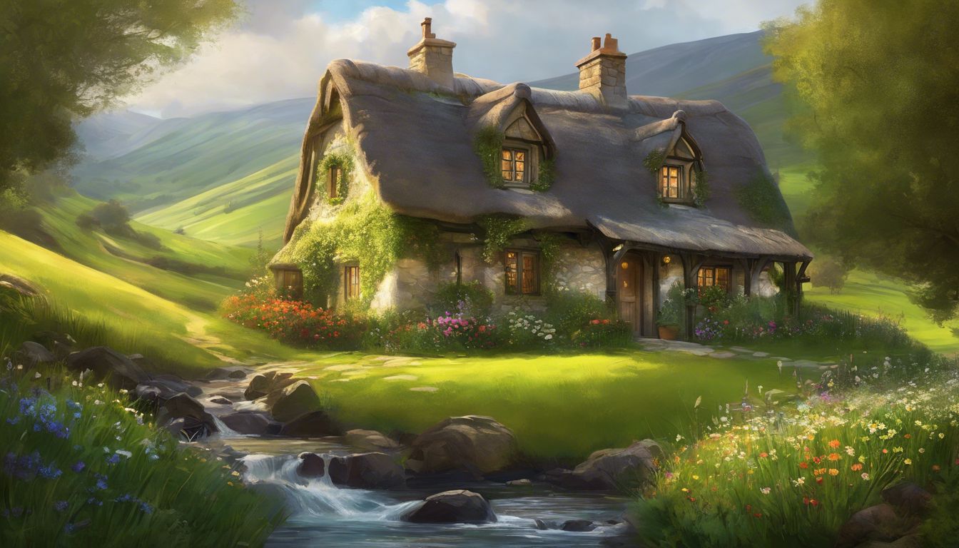 A painting of a cottage with a stream in the background.