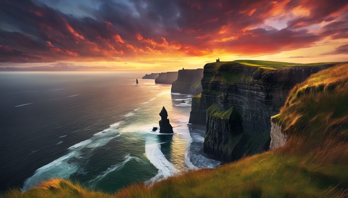 The cliffs of moher in ireland at sunset.