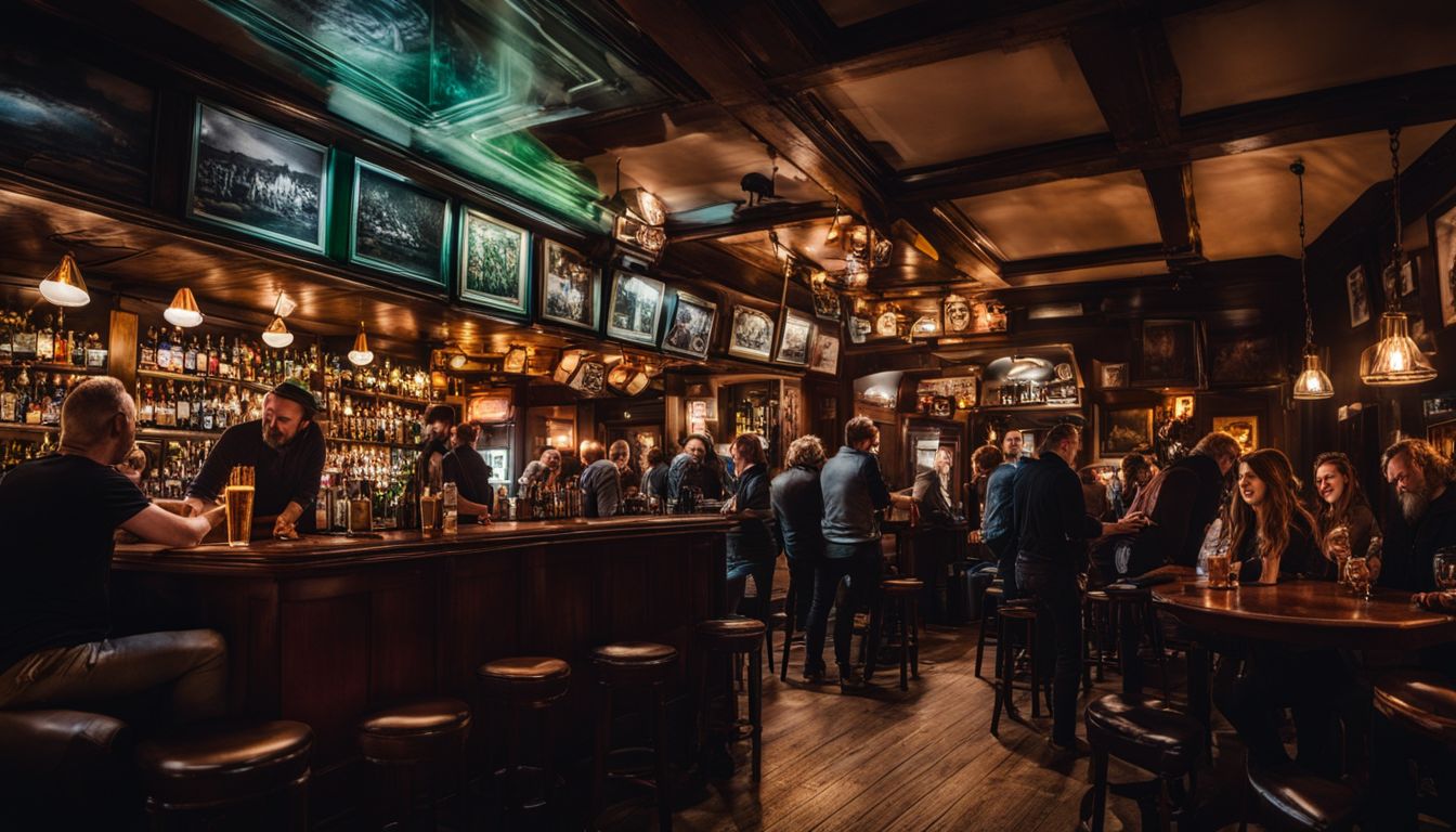 Patrons socializing at a dimly lit, traditional pub with a wooden bar and décor.