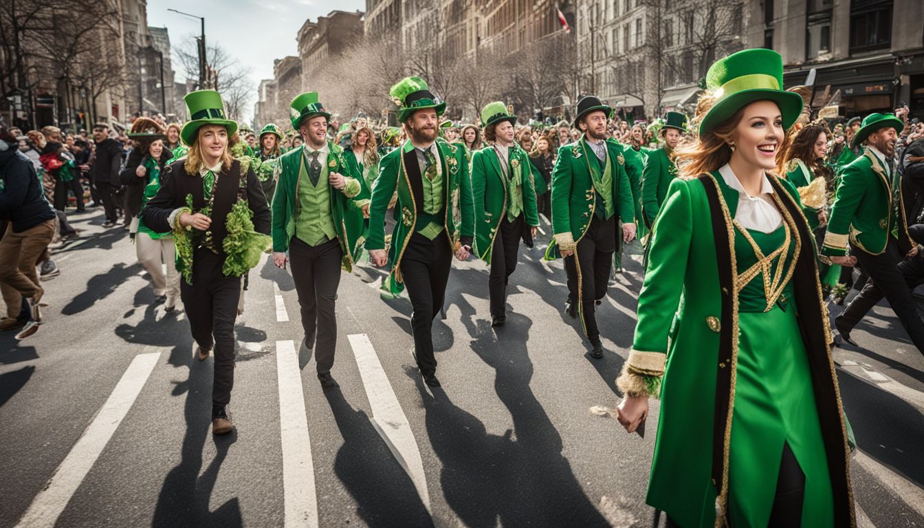 People dressed in green with festive hats participating in a st. patrick's day parade.