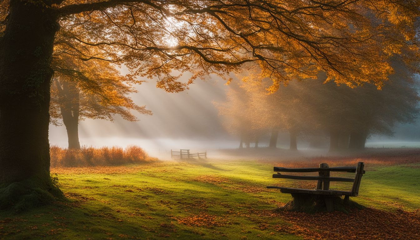 Autumn sunrise piercing through the fog in a peaceful park with an empty wooden bench.