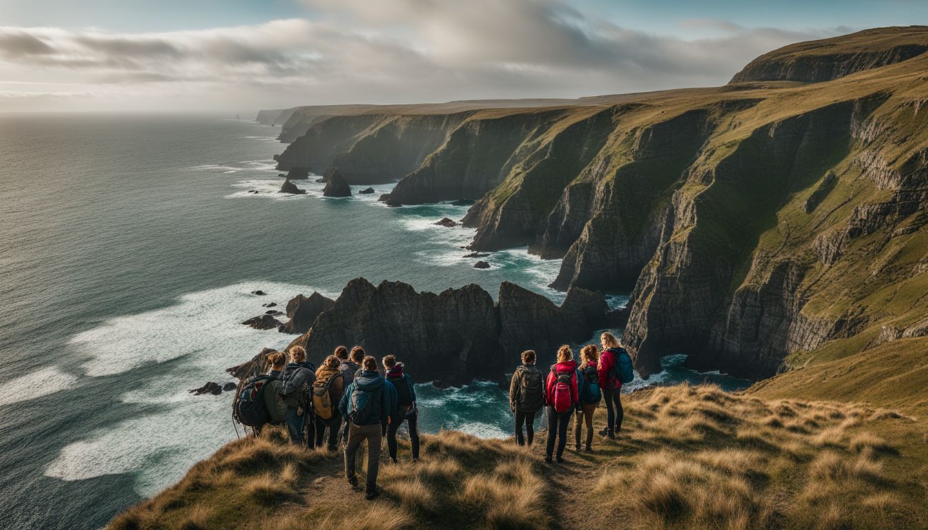 A group of hikers observing a scenic coastline with rugged cliffs.
