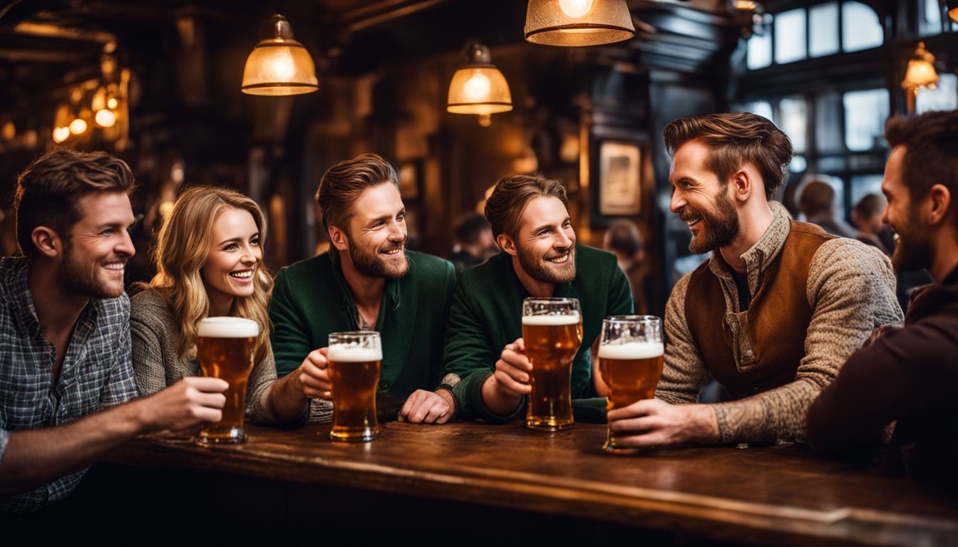 Group of friends enjoying drinks and conversation at a pub.