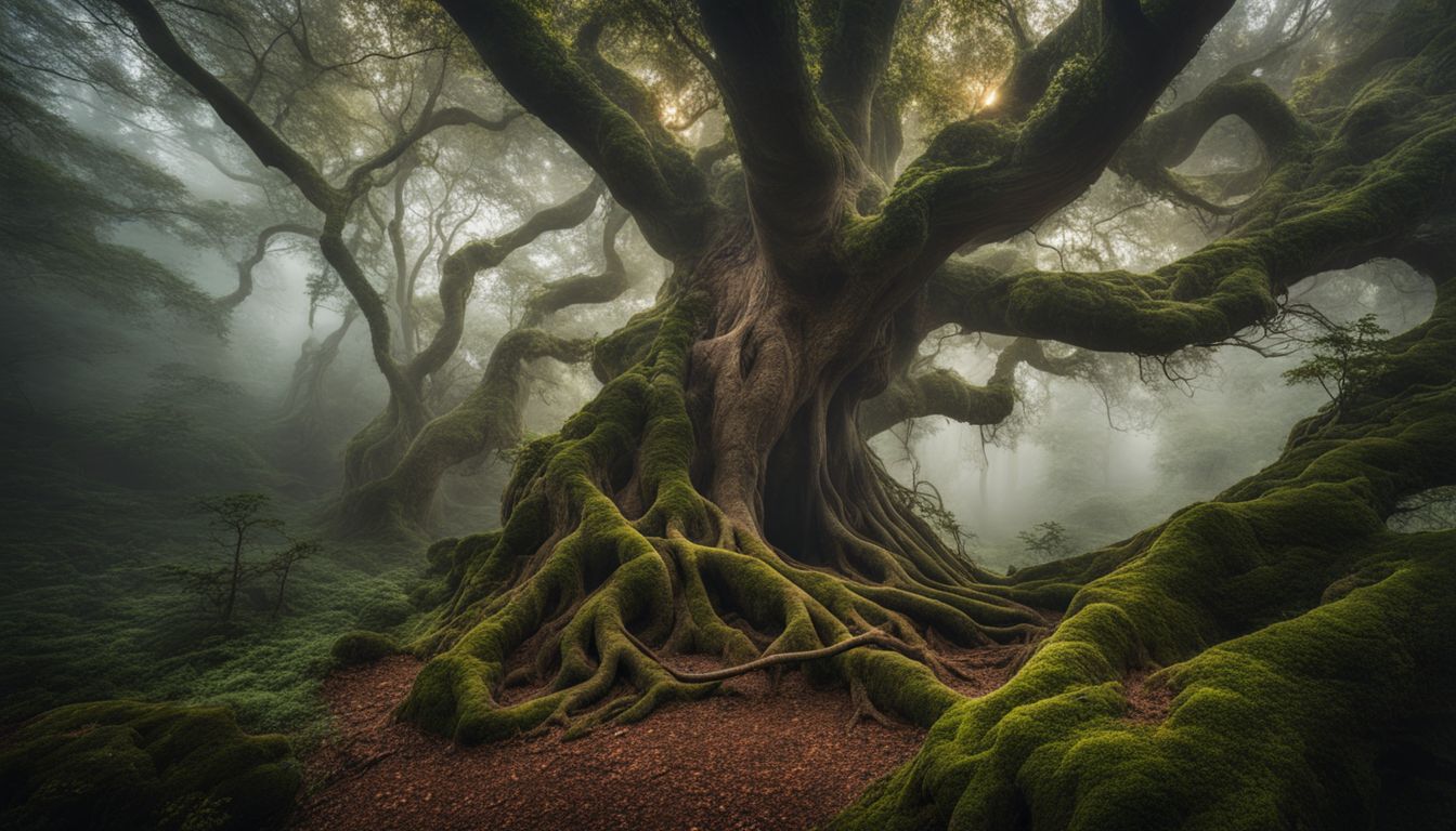 Majestic ancient tree with sprawling roots in a misty forest.