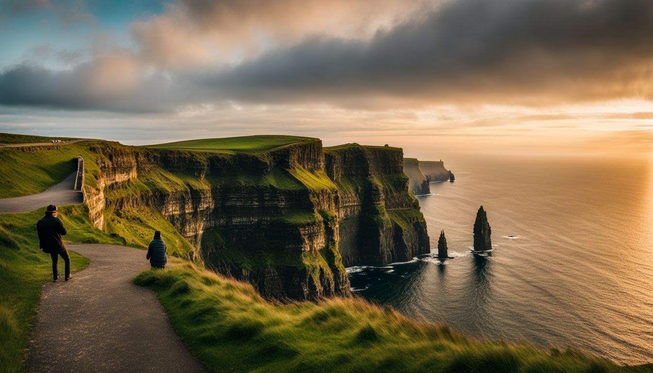 A person walking on a path overlooking the cliffs of moher at sunset.