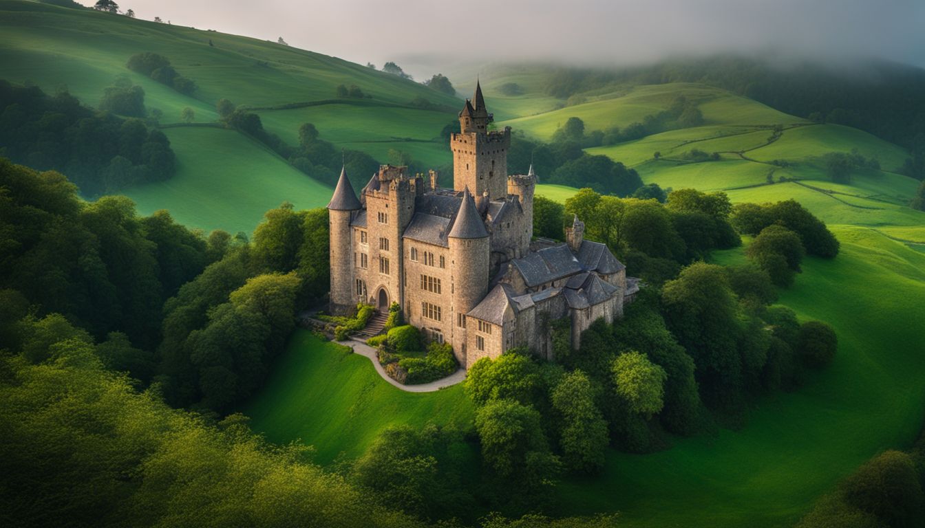 An ancient castle surrounded by lush green hills and enveloped in a gentle mist.