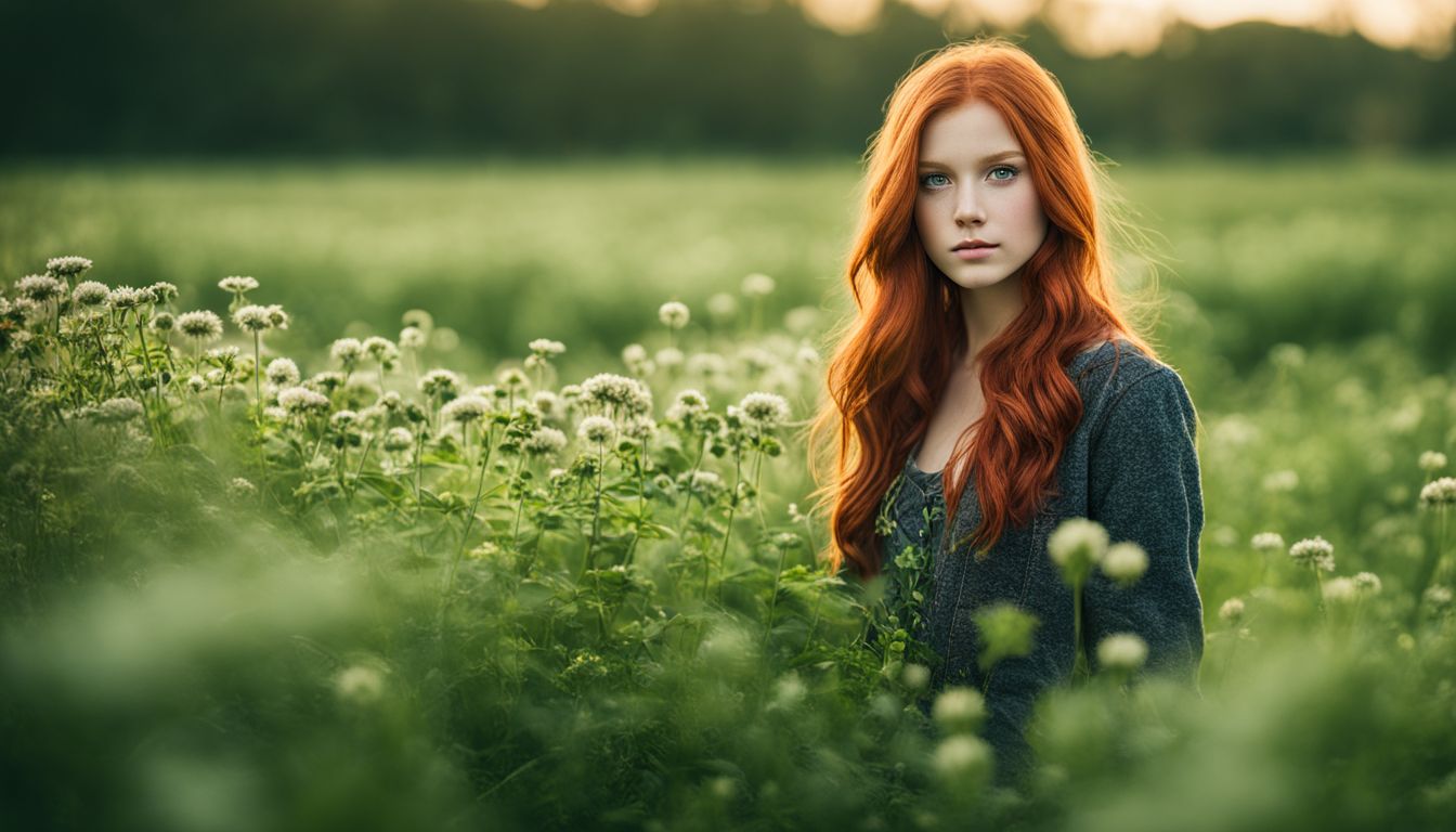 A young woman with red hair standing in a field of flowers at sunset.