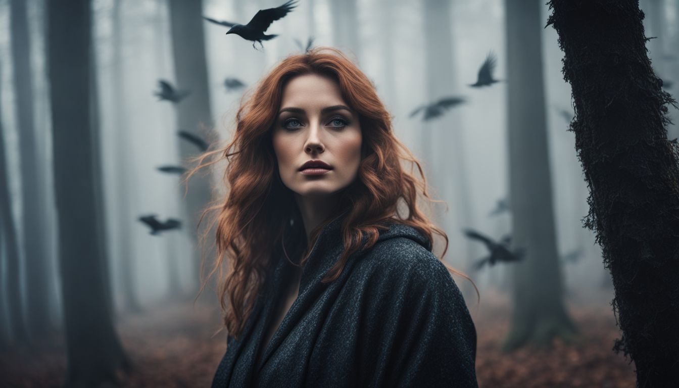 A woman with red hair standing in a misty forest with birds flying around her.