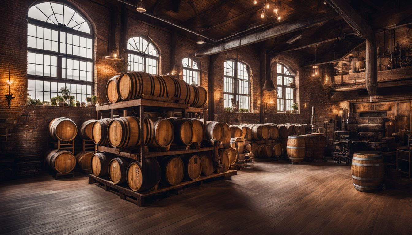 Wooden barrels aging spirits in a dimly lit, rustic distillery.