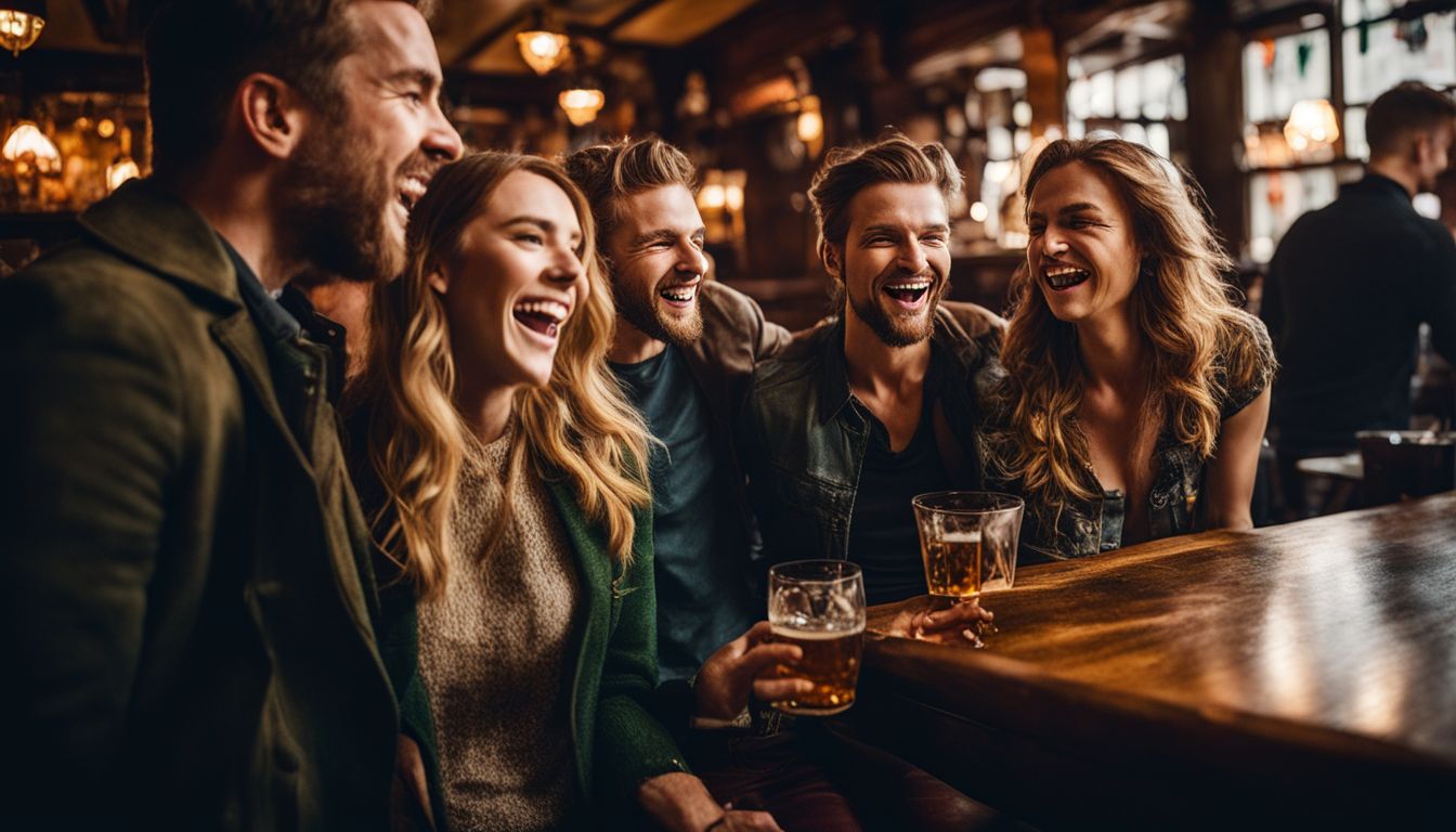 Group of friends laughing and enjoying drinks together at a bar.