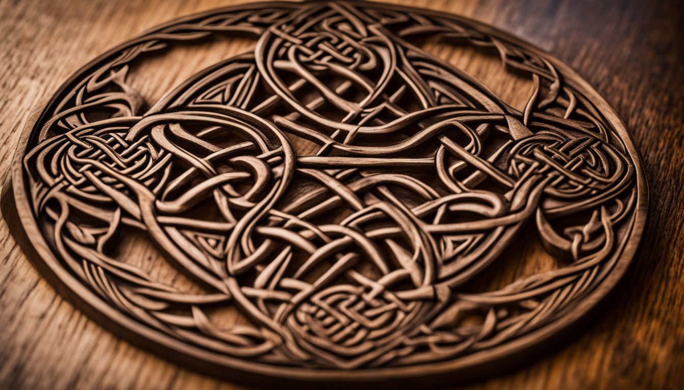 Intricate wooden celtic knot design on a circular plaque.