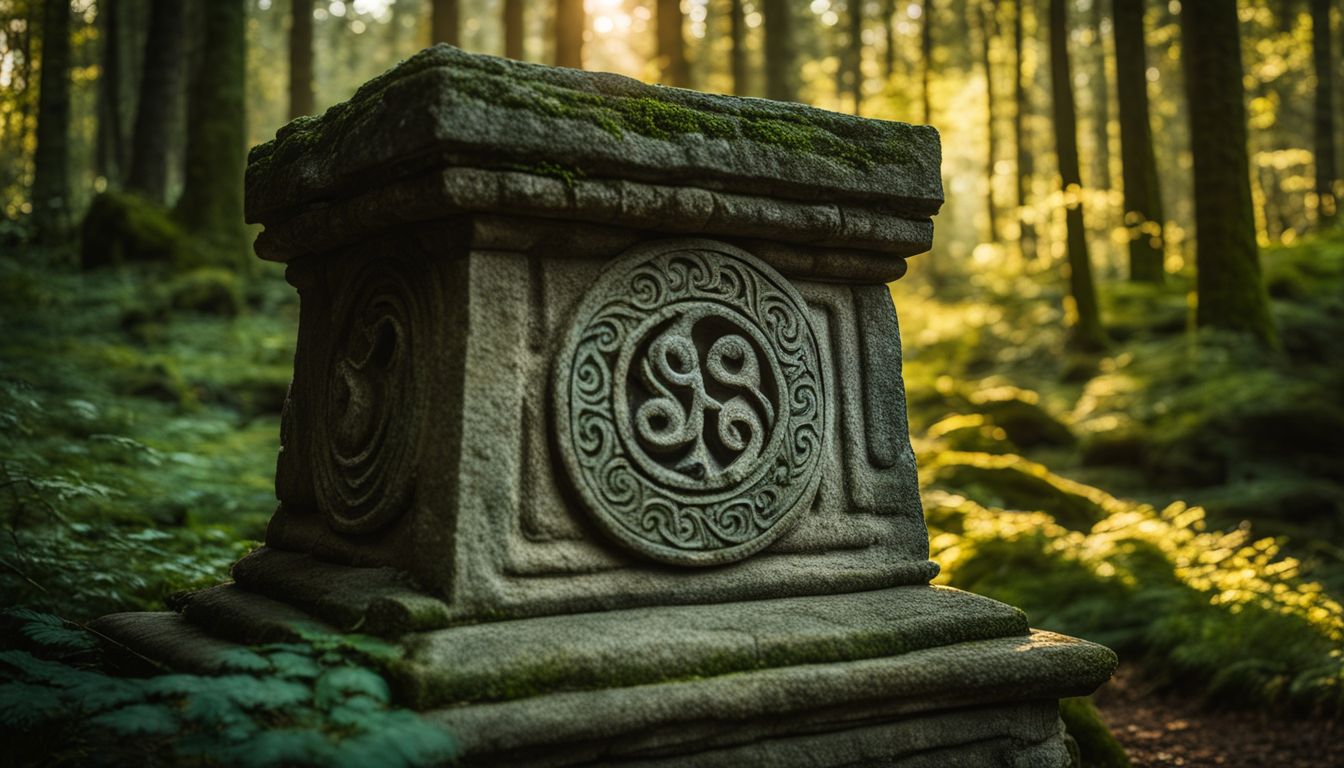 Ancient stone carving adorned with moss in a lush forest illuminated by golden sunlight.