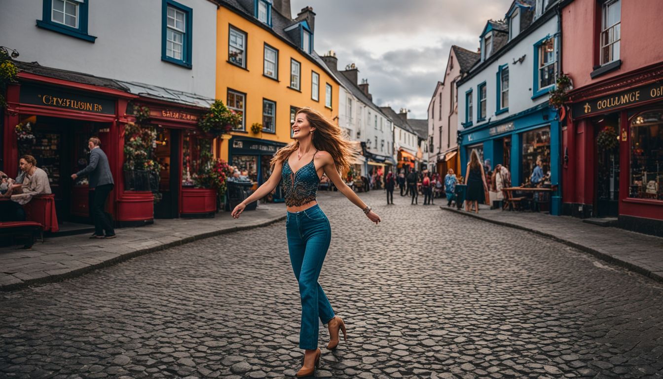 Woman in casual attire smiling and walking down a colorful, cobblestone street.