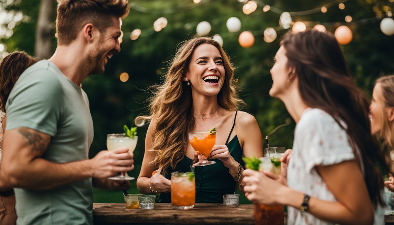 Group of friends laughing and enjoying cocktails at an outdoor party.