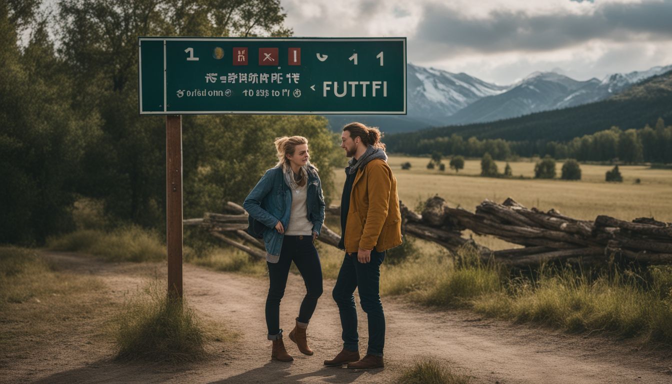 Two people stand on a dirt path near a multilingual trail sign with a mountainous landscape in the background.