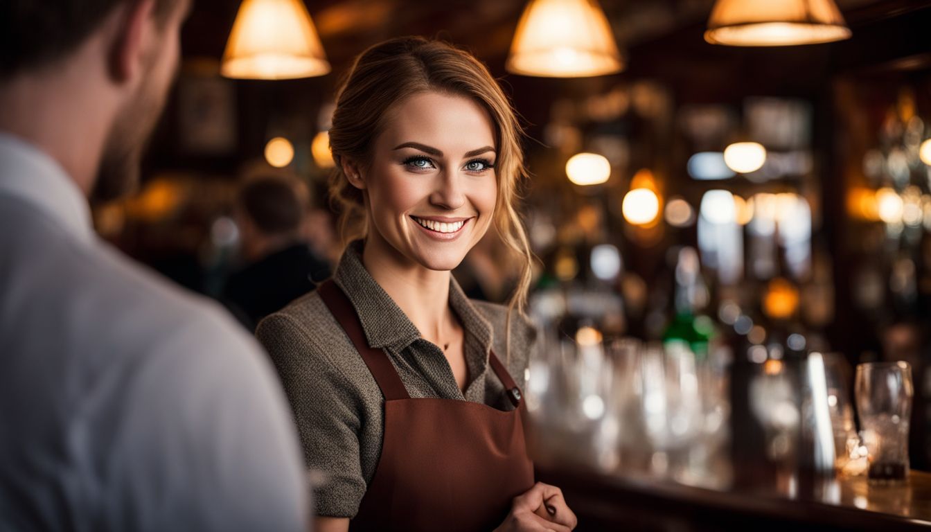 A smiling waitress interacting with a customer at a bar.